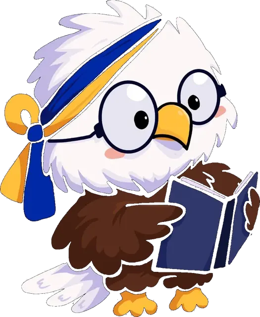 Mascota de Di Astrea, un águila con lentes leyendo un libro